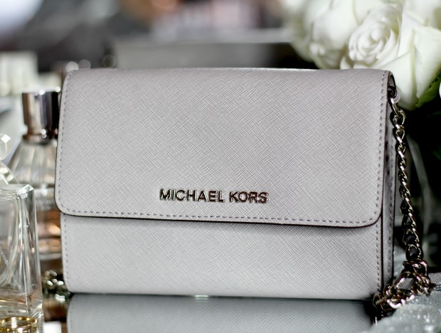 Michael Kors large jet set saffiano leather crossbody bag pearl gray