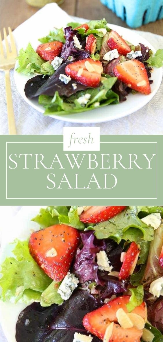 strawberry salad in plate with gold fork and napkin