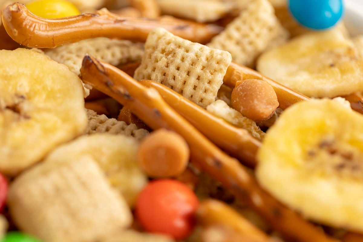 trail mix with m&ms, butterscotch chips and pretzel sticks