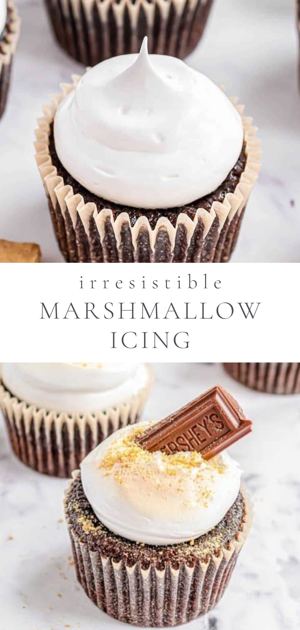 two pictures of cupcakes with marshmallow icing and text in between