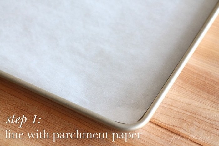 A parchment paper lined pan. 