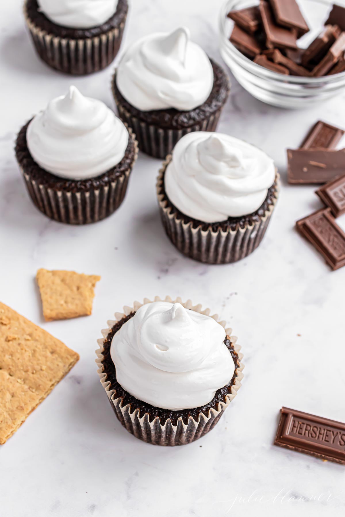 Chocolate cupcakes topped with marshmallow icing