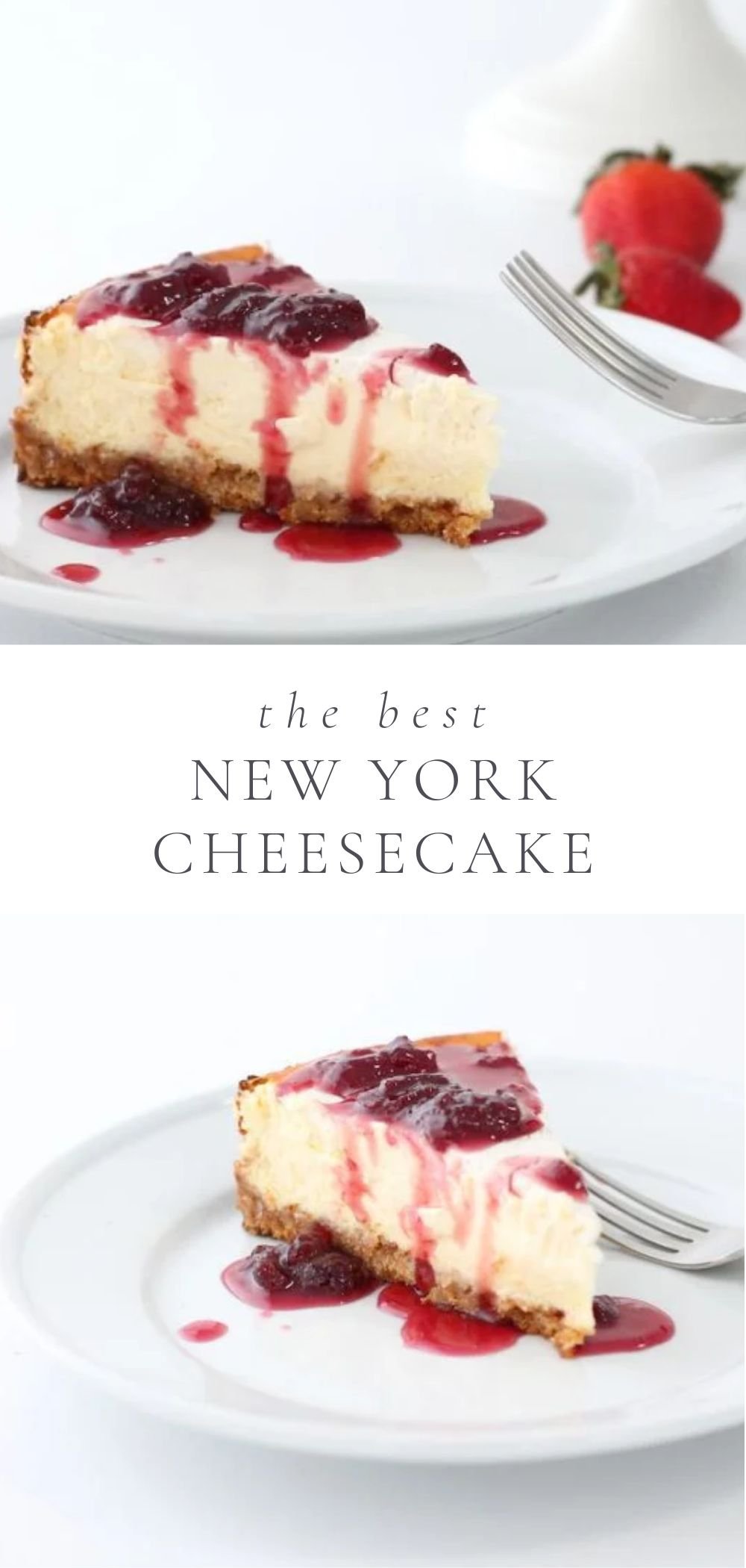 A slice of New York cheesecake on a white plate, with the whole cheesecake on a white cake pedestal in the background.