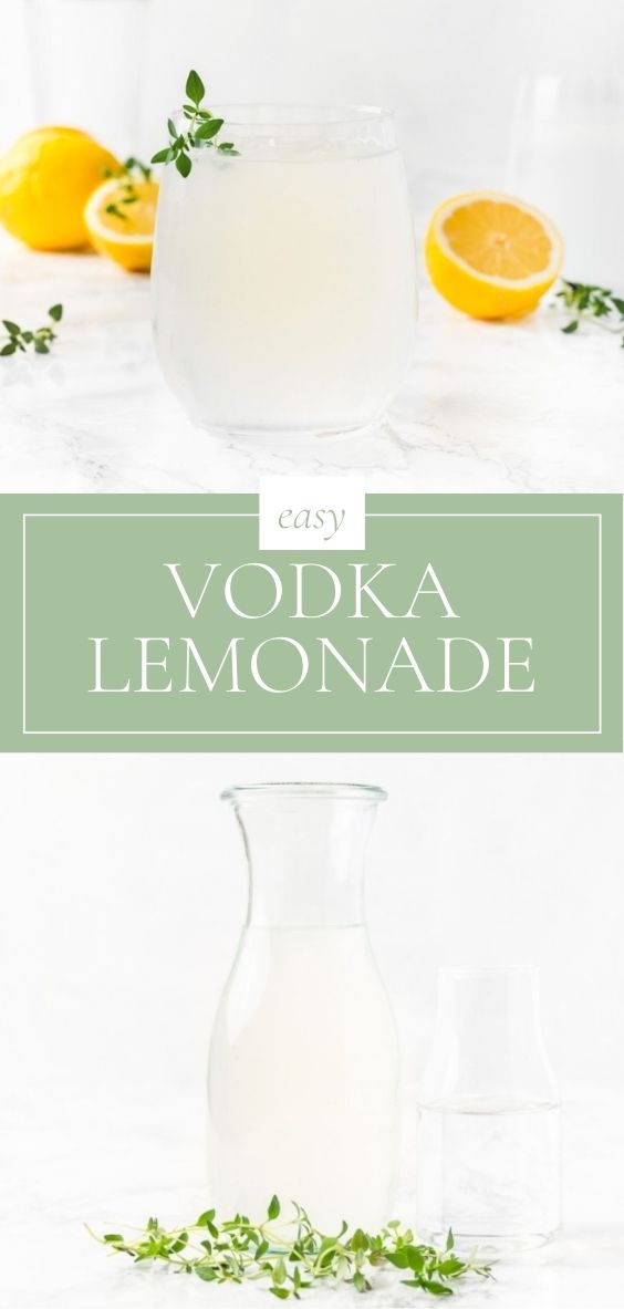 vodka lemonade cocktail in glass with lemons on table and a pitcher of vodka lemonade and greenery.