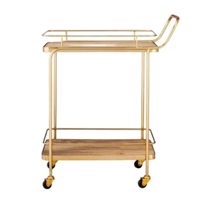 A gold bar cart against a white background.