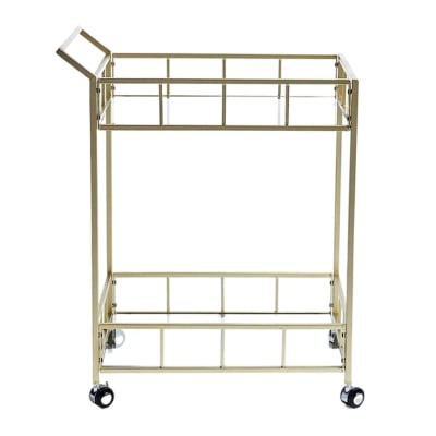 A gold bar cart against a white background.