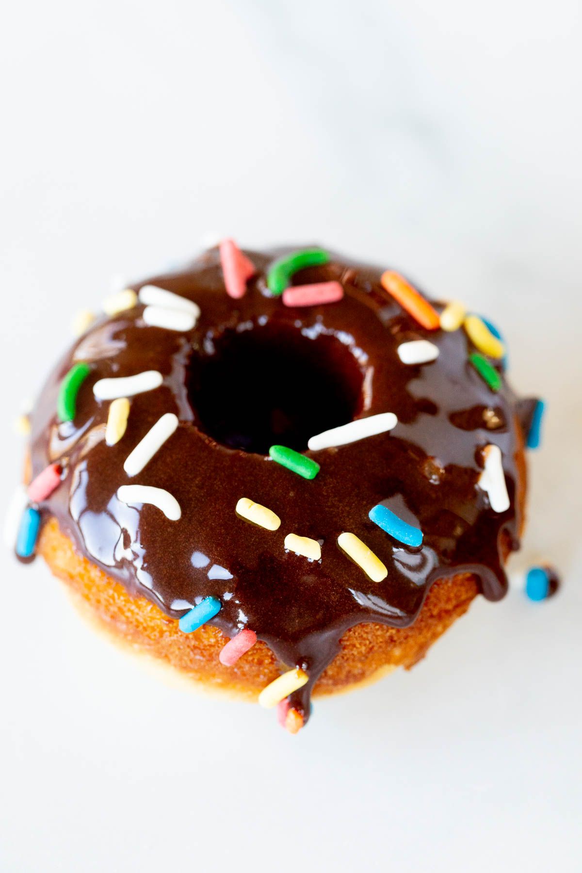 A homemade baked donut covered in chocolate frosting and sprinkles.