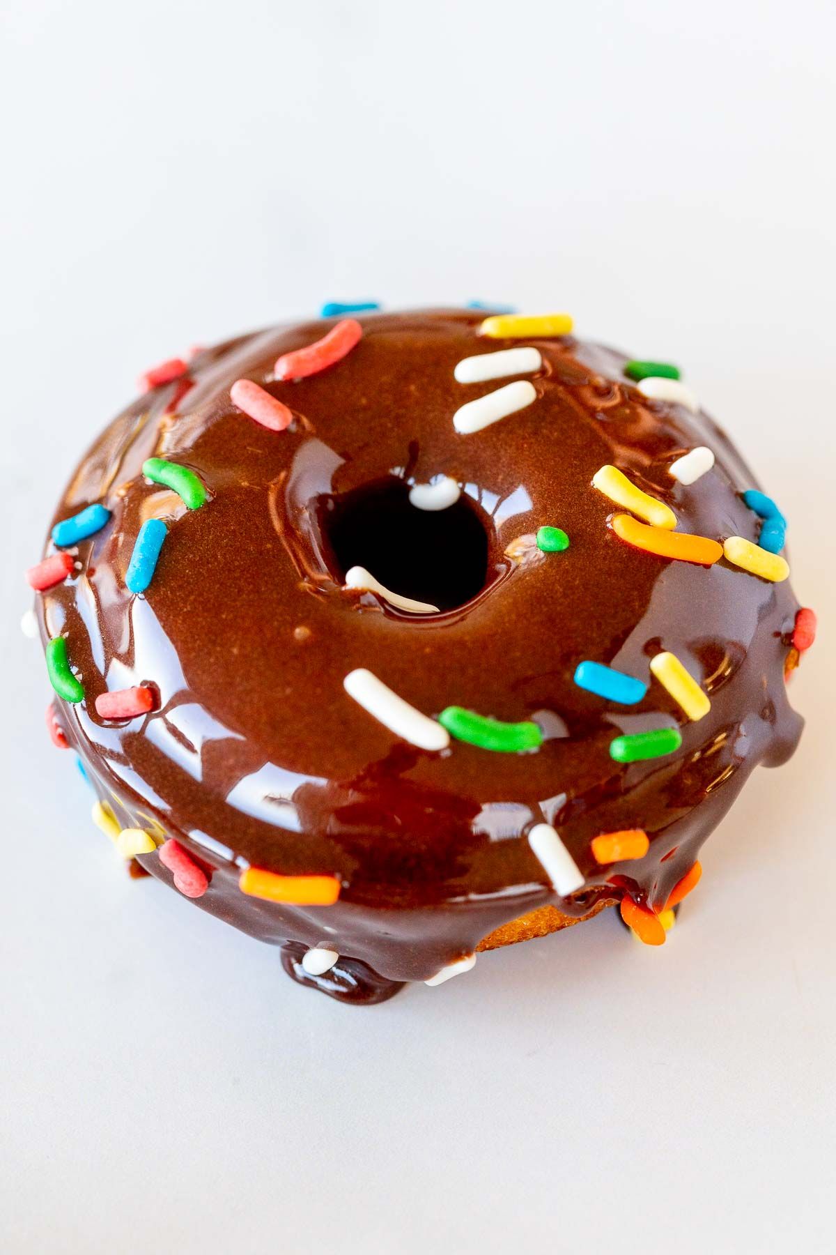 A homemade baked donut covered in chocolate frosting and sprinkles. 