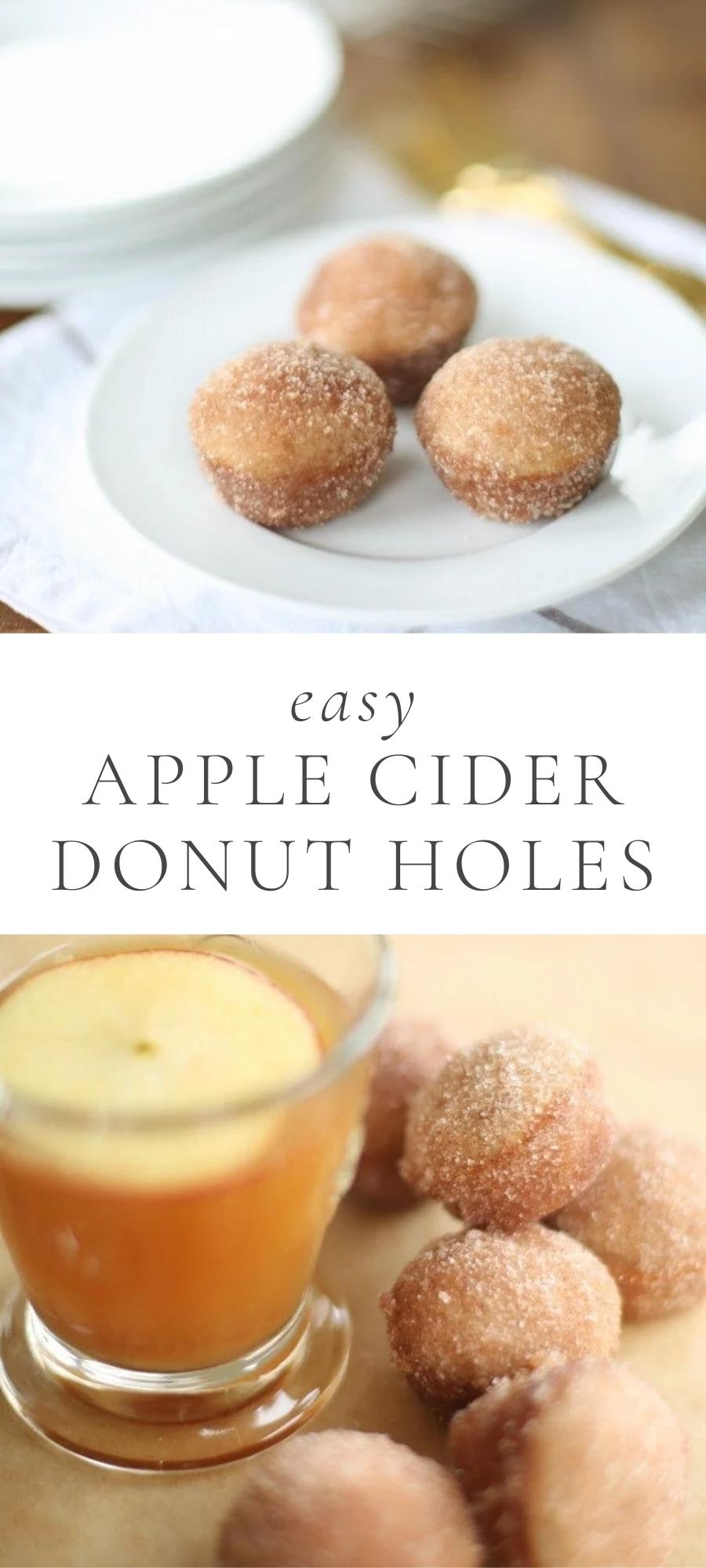 apple cider donut holes in white plate and next to coffee