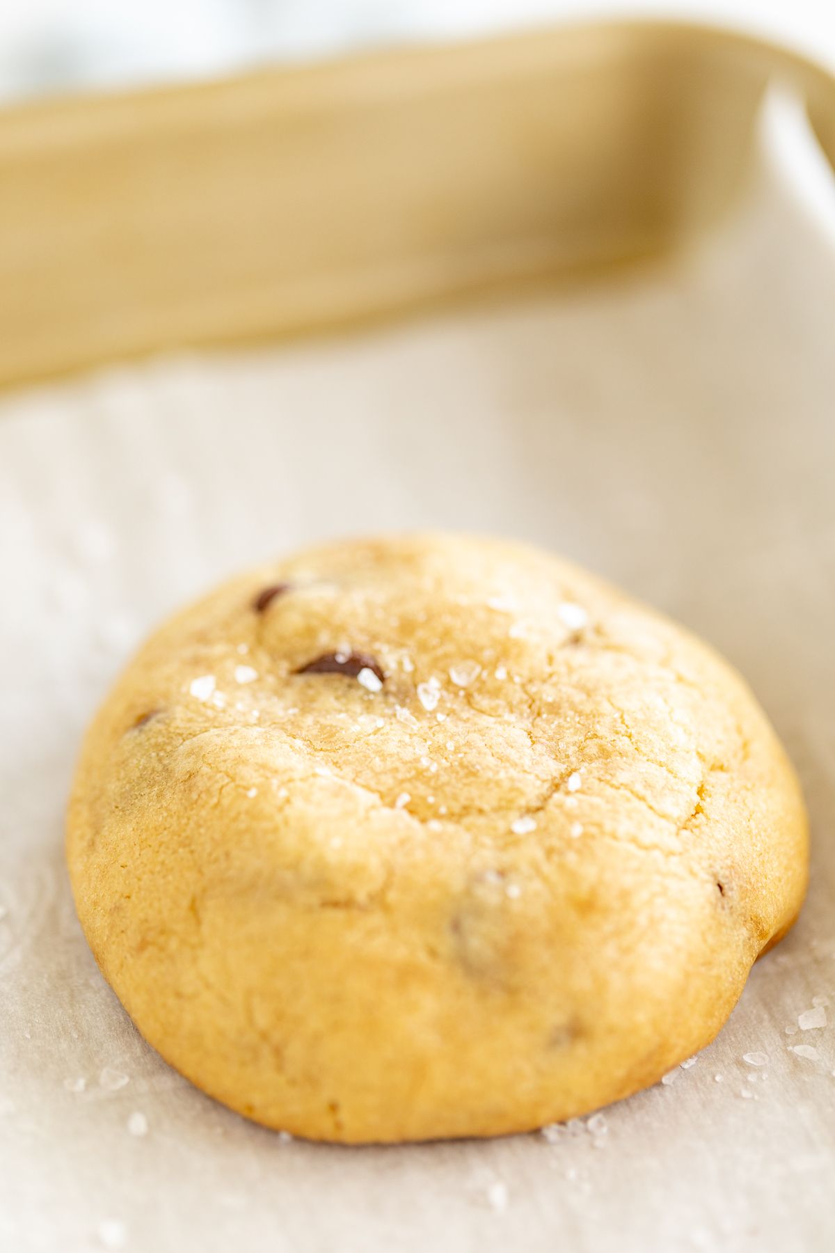 Salted caramel chocolate chip cookies on a parchment lined baking sheet.