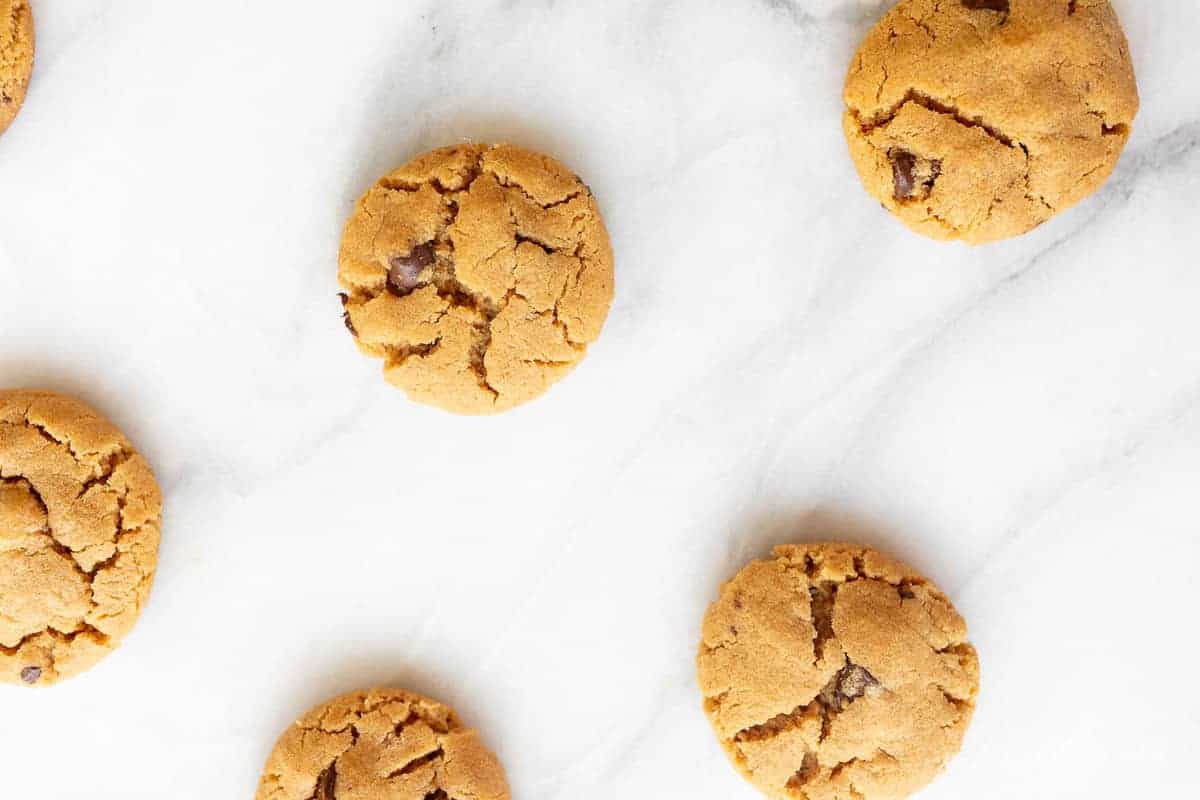 flourless peanut butter cookies studded with chocolate chips scattered on a marble counter