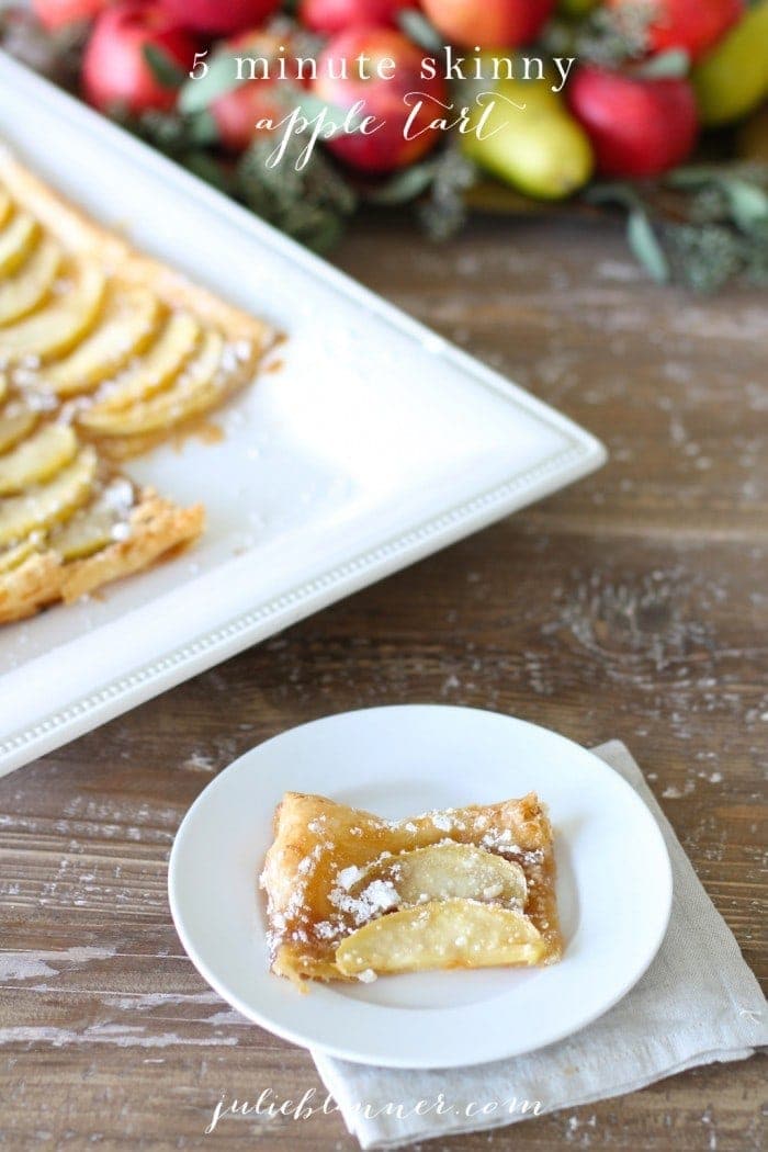 a slice of apple tart in a white plate with text overlay