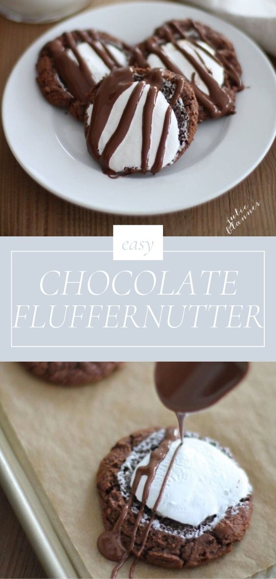 On a wooden table, there are chocolate fluffernutter cookies on a white plate and several on a baking sheet.