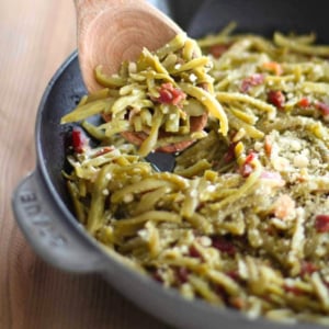 firehouse green beans with bacon in a black skillet