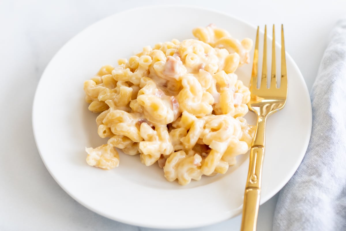 Gouda mac and cheese on a white plate with a gold fork to the side. 