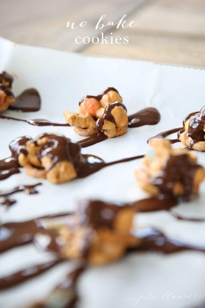 No bake cookies on a baking sheet with text overlay