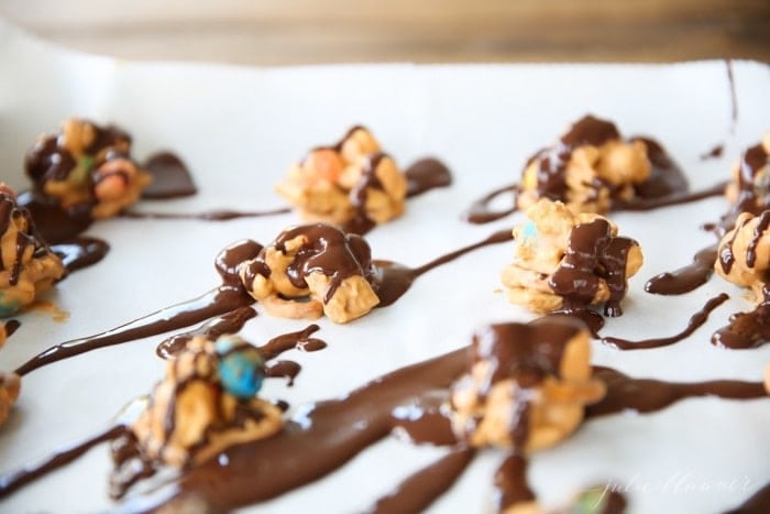 No bake cookies on a baking sheet with text overlay