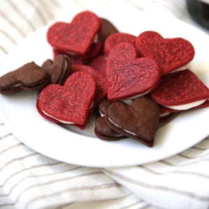 Heart shaped homemade red velvet oreos.