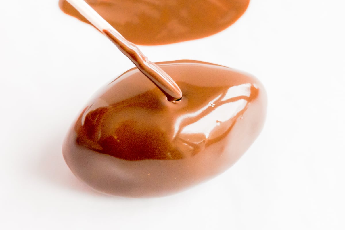 A peanut butter truffle covered apple on a white surface.