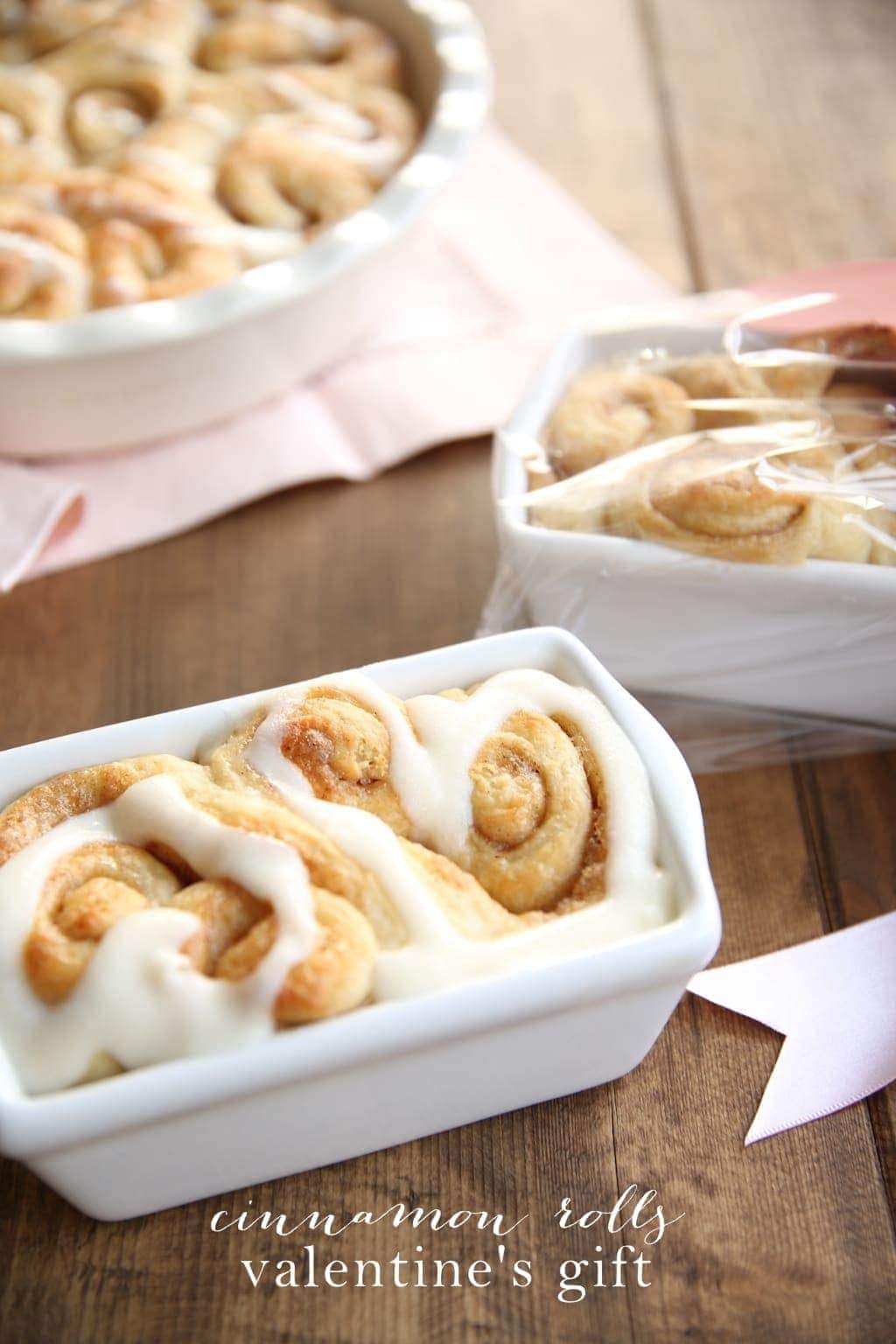 Heart shaped cinnamon rolls in individual loaf pans for gifting