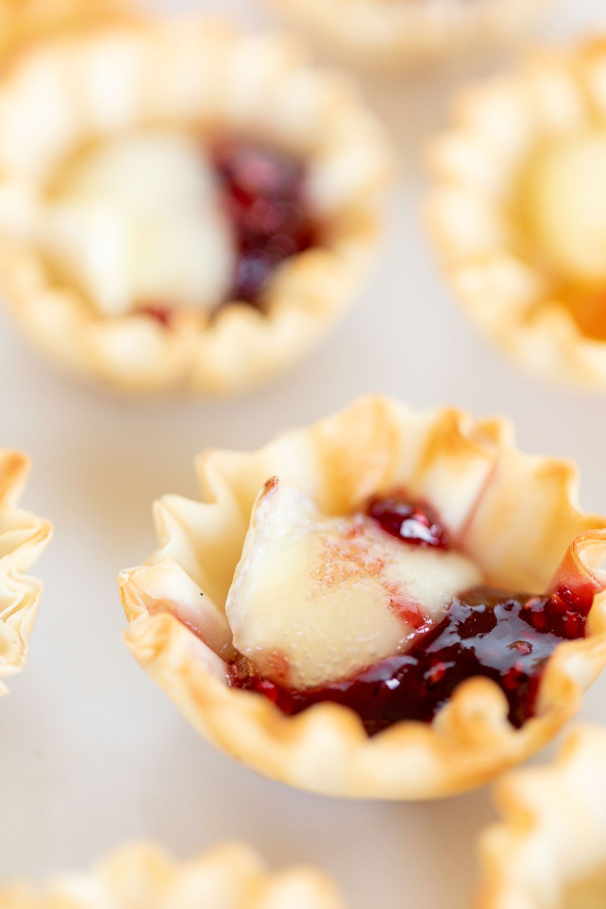 Brie bites topped with jam on a white platter