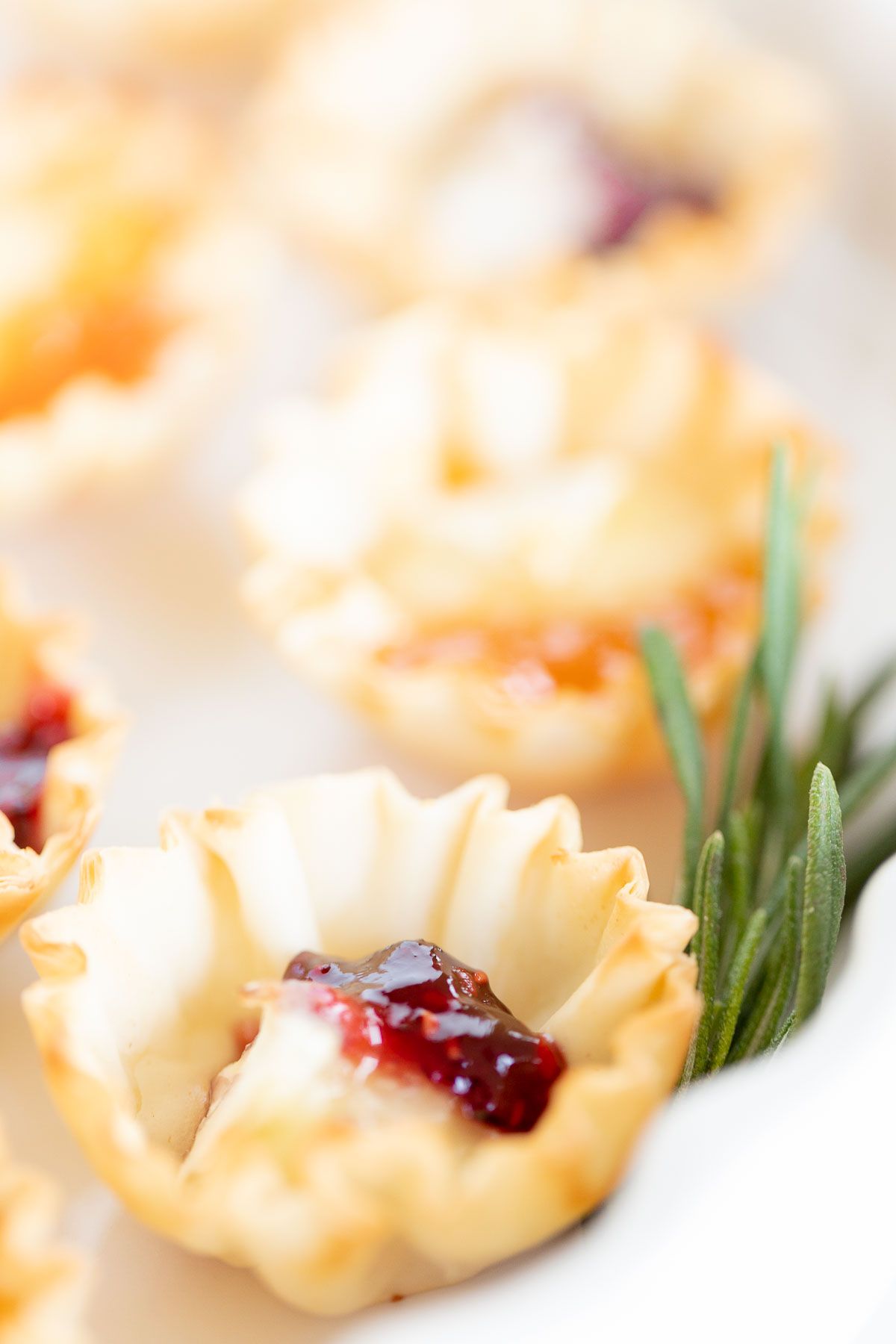 Brie bites topped with jam on a white platter