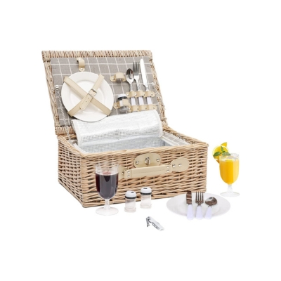 A wicker picnic basket