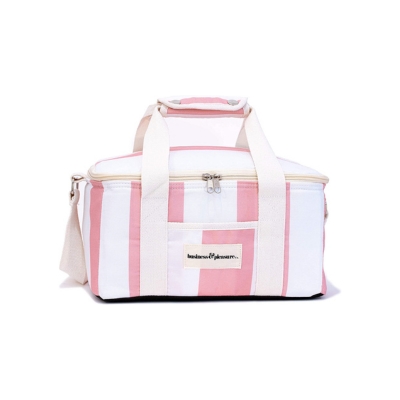 a pink striped beach cooler