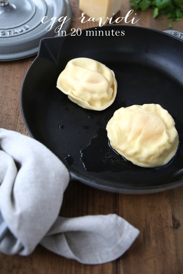 Homemade egg ravioli is quick and easy to make and is a great appetizer or main. Ravioli filled with cheeses and an egg yolk that is just so impressive. Two egg yolk ravioli in a cast iron skillet