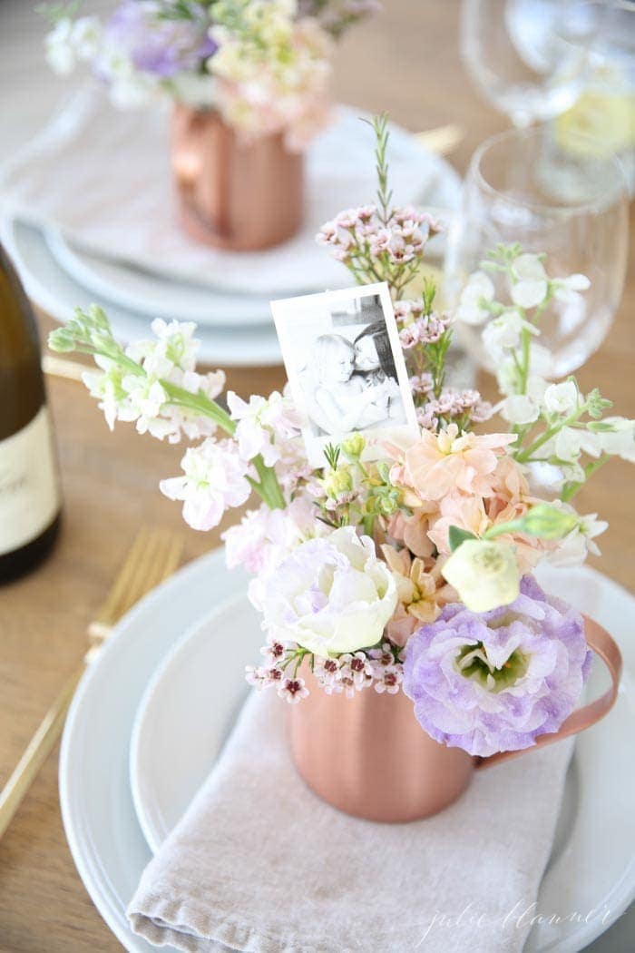 Simple Mother's Day Table Setting Idea that doubles as place cards & triples as favors!