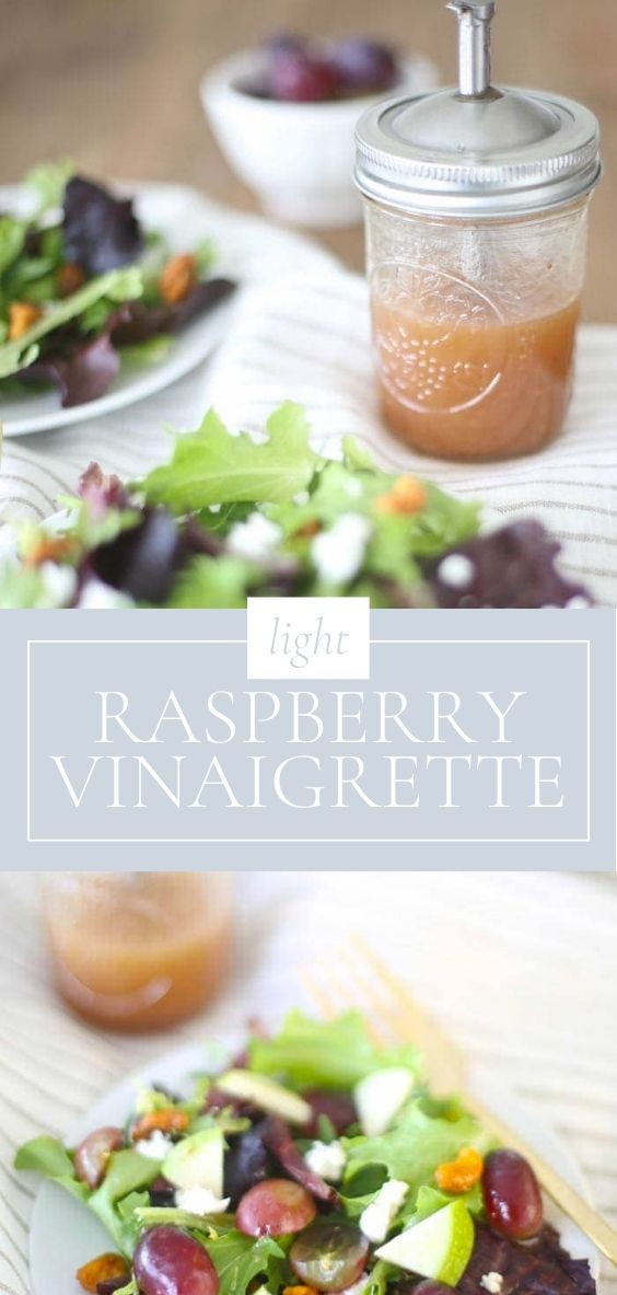 raspberry vinaigrette in mason jar with salad with text overlay