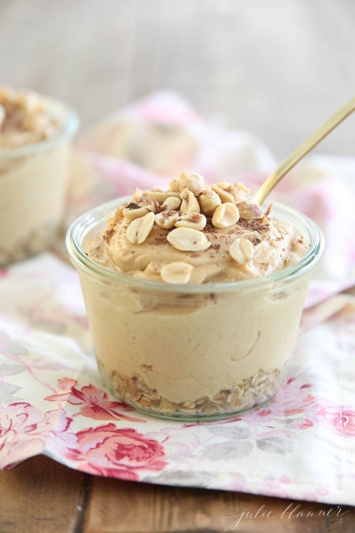 No bake Peanut Butter Pie with a spoon in it