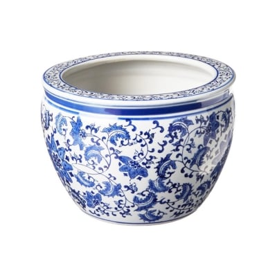 a blue and white ceramic porch planter