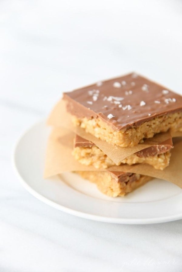 No Bake Peanut Butter Bars with a chip crust for an incredible sweet & salty combo in just minutes!