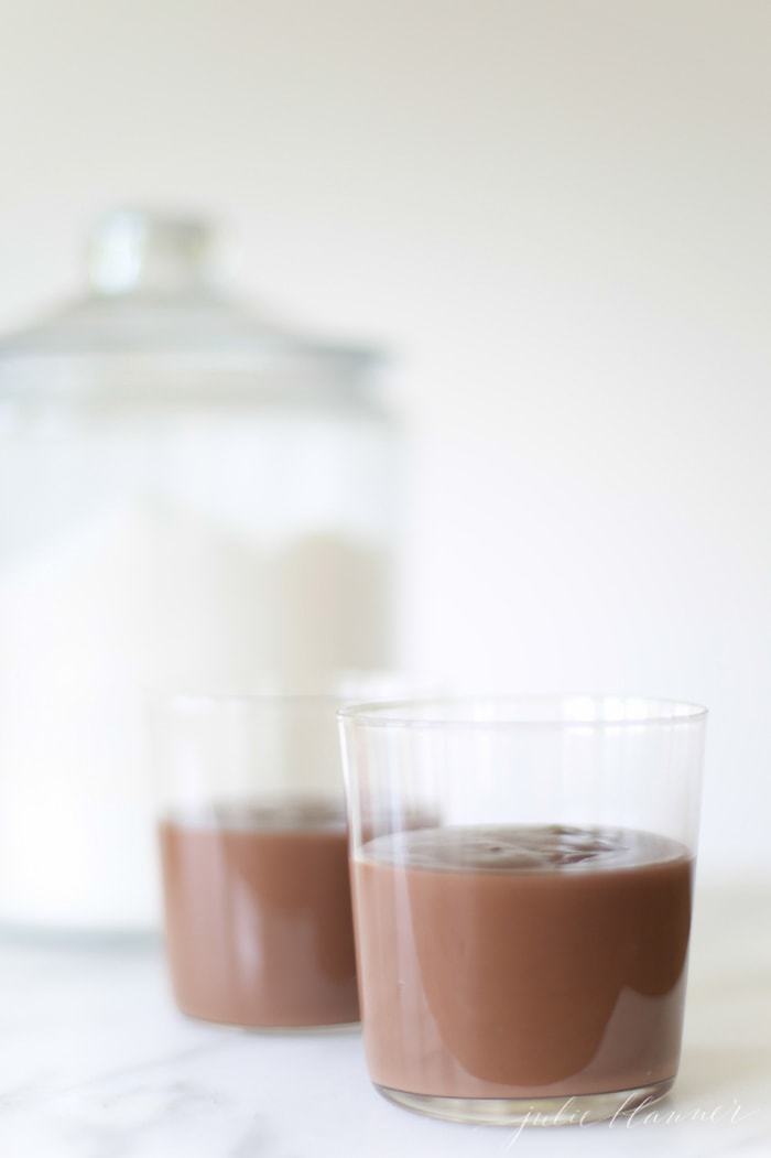 Two glasses with chocolate pudding ready to serve