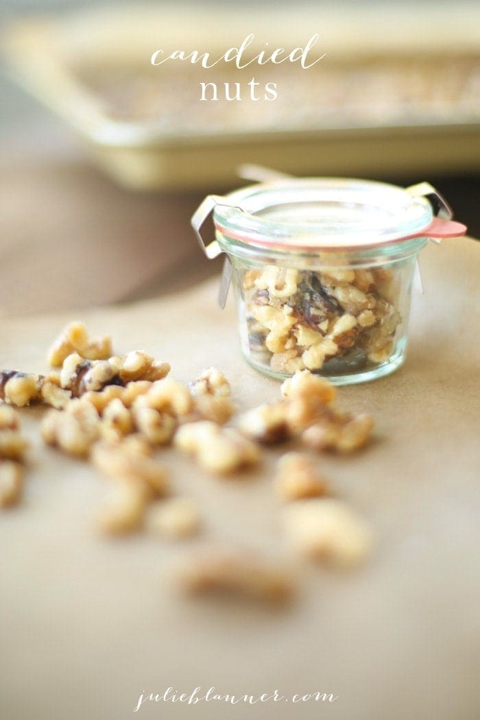 Easy candied nuts in a jar and on parchment