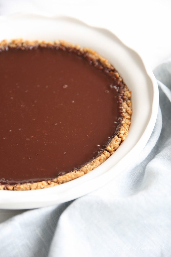 easy chocolate pie recipe in white baking dish