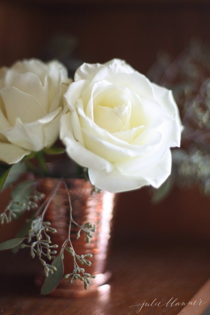 Copper julep cup with white flowers