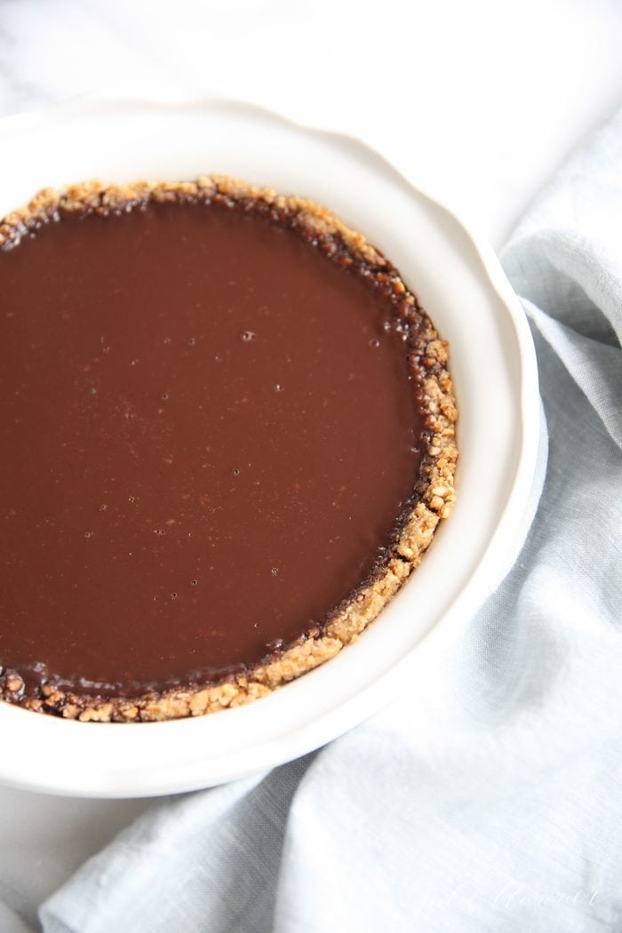 easy chocolate pie recipe in white baking dish