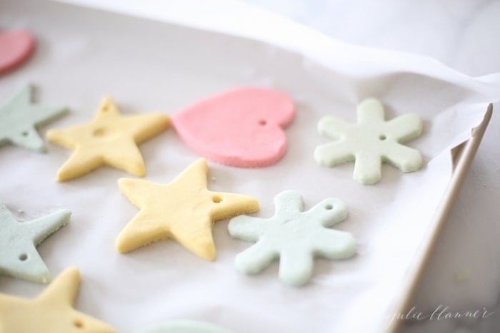 salt dough drying on parchment lined baking sheet