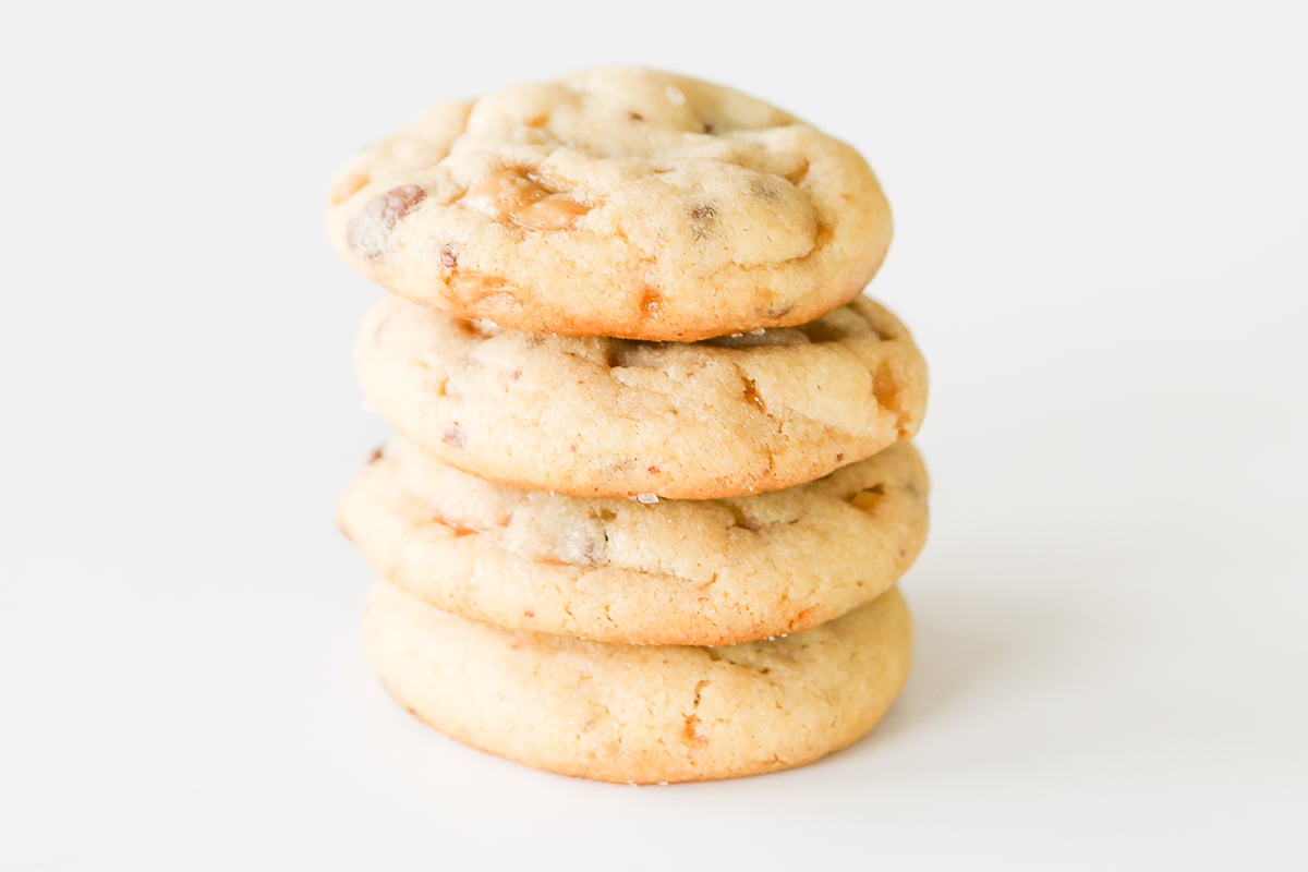 A stack of toffee cookies on a white background.