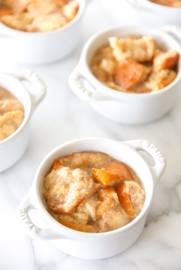 bread pudding in an individual, white baking dish