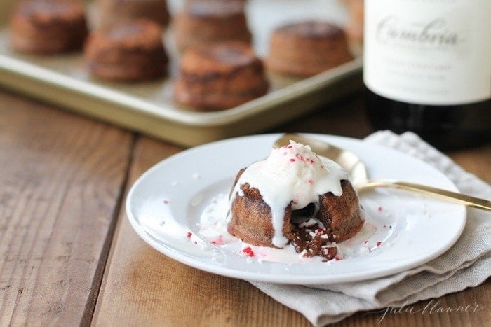 An individual molten lava cake recipe topped with ice cream