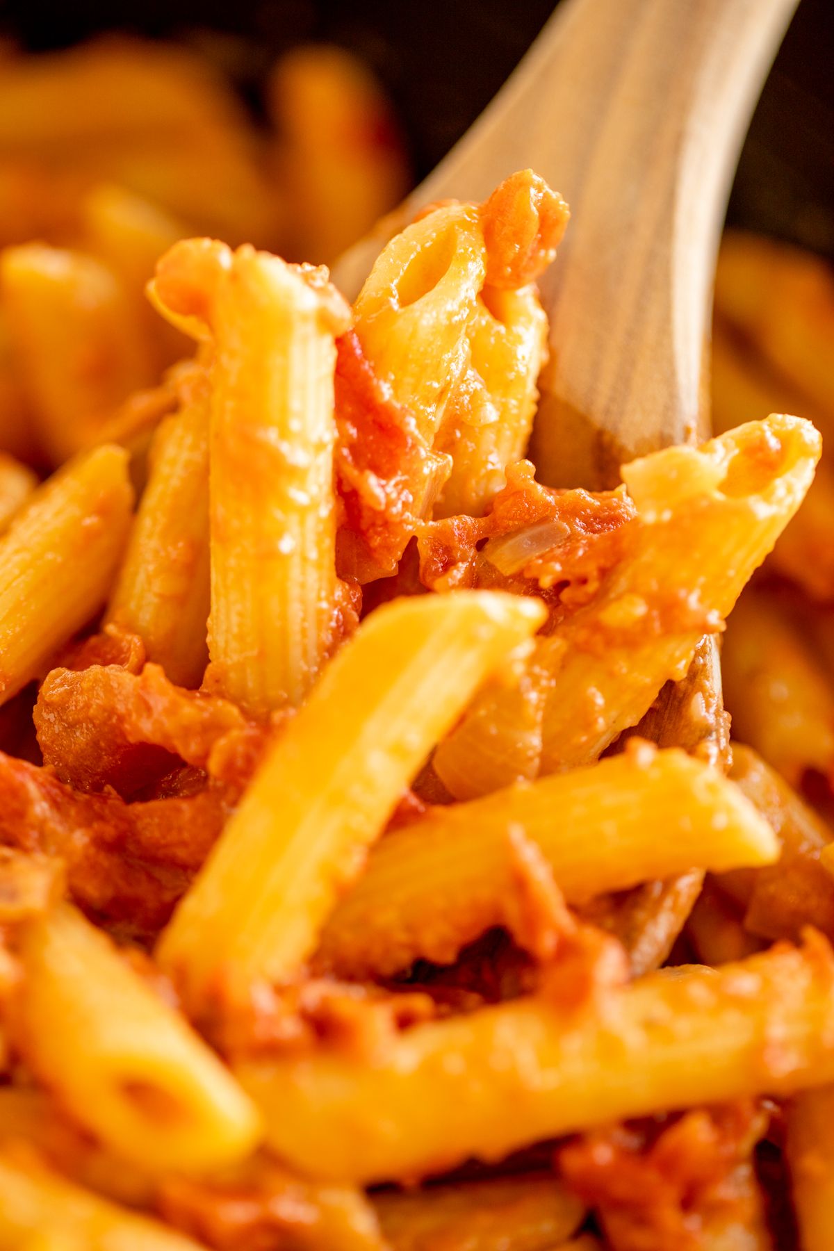 Close up of penne alla vodka sauce.