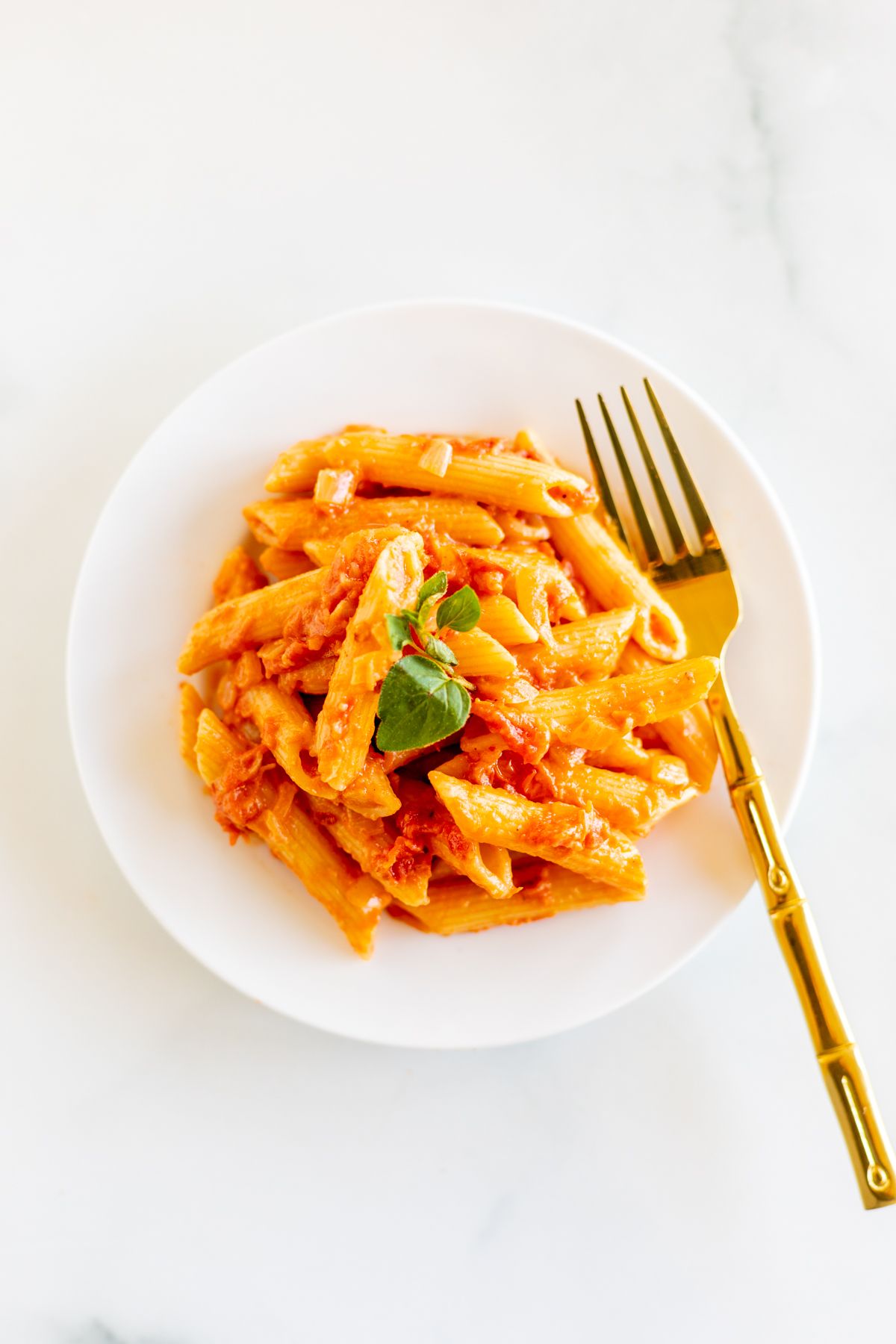 Penne alla vodka on a white plate with a gold fork.