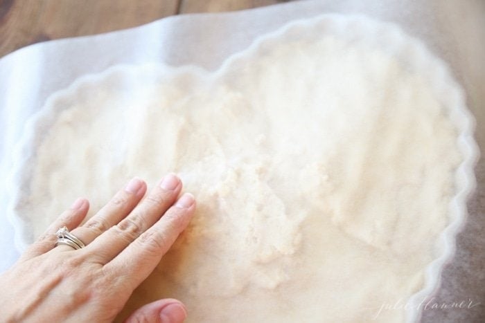 Pressing down on the batter with parchment