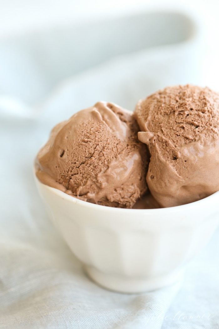 The frozen dessert in a white bowl