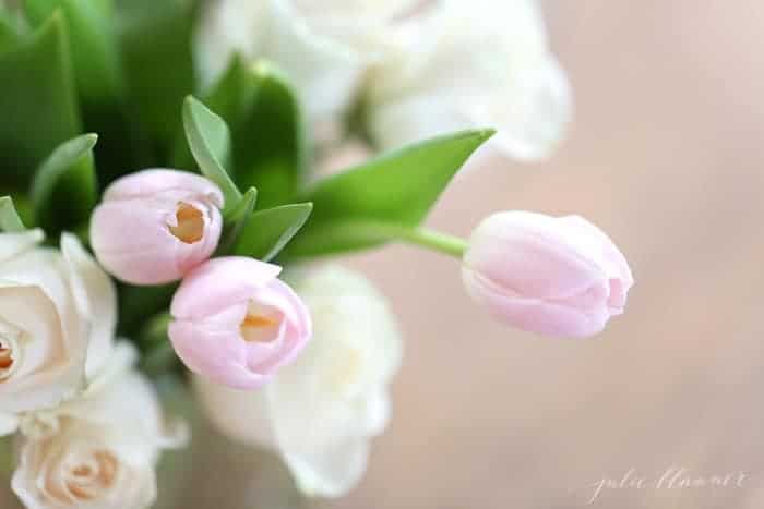 Arrangement of pink tulips and white roses.