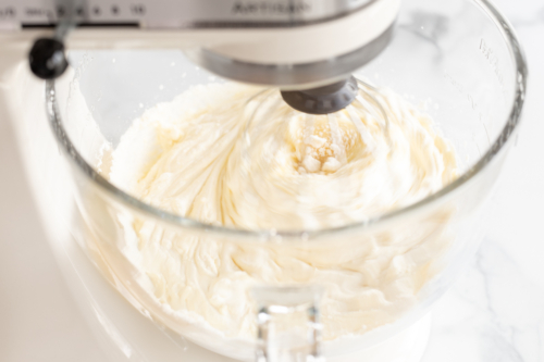 Cake batter ice cream in a glass bowl of a stand mixer.