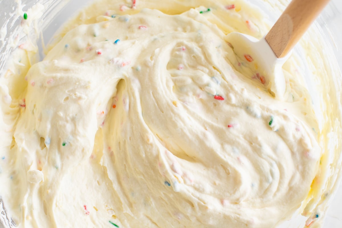 A close up of homemade cake batter ice cream.